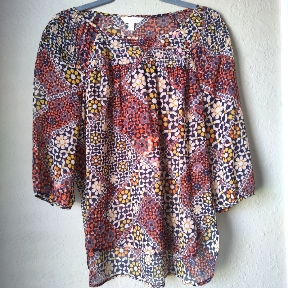 Lauren Conrad Sheer Boho Ethnic Print Blouse with Streaks of Gold size M